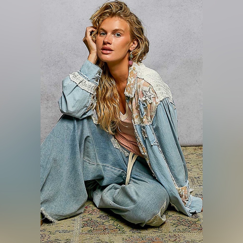 Pol Star Patchwork Stylish Light Shacket Blue Pri… - image 6